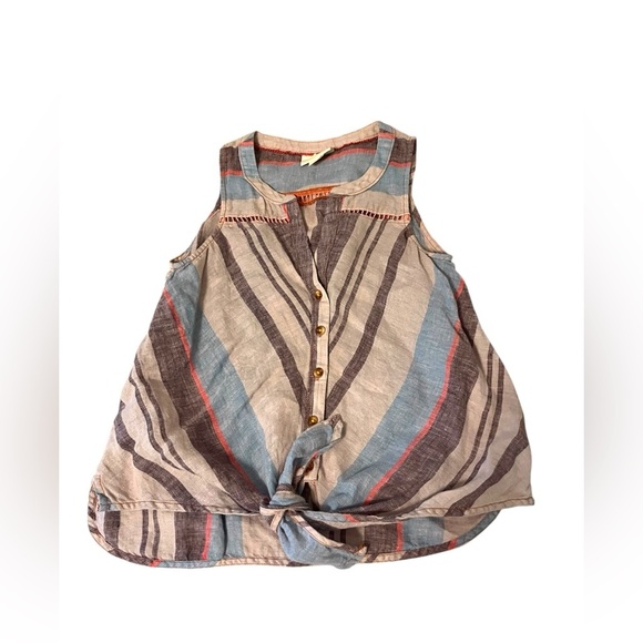 Anthropologie Maeve Linen Striped Tie Front Sleeveless Shirt Sz 2 - Picture 3 of 7